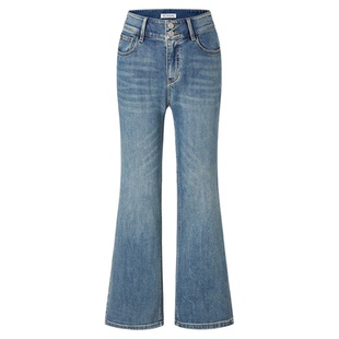 MOISSAC丹宁系列夏款棉混纺高腰深水洗蓝微喇牛仔长裤女