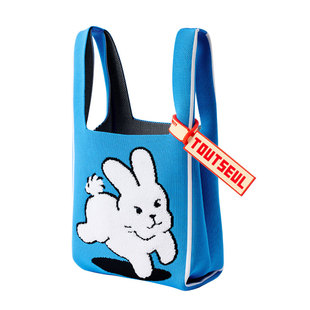 TOUTSEUL读设新款蓝色毛绒兔子手提包休闲针织包大容量编织包包女