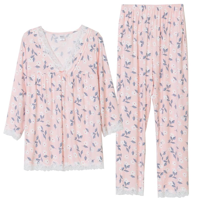 花色中袖七分袖竹纤维睡衣女春夏九分裤长裤套装秋天薄款家居服女