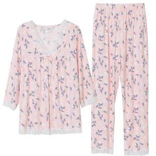 花色中袖七分袖竹纤维睡衣女春夏九分裤长裤套装秋天薄款家居服女