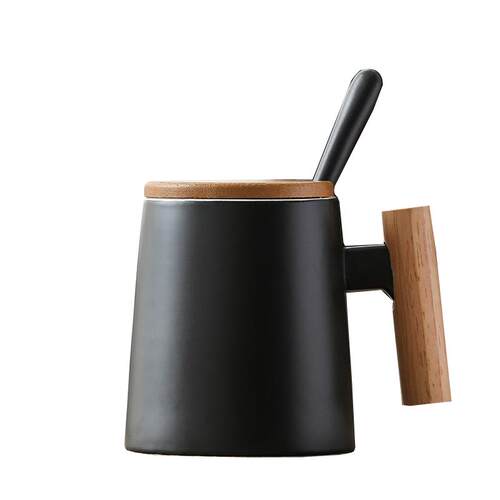 实木手柄马克杯 陶瓷杯 咖啡杯子水杯带盖子勺子定制广告LOGO礼品