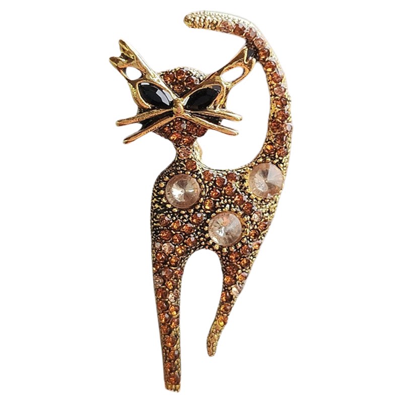 欧美金色复古水钻猫咪胸针百搭