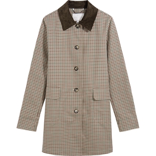 Brooks Brothers/布克兄弟女士秋冬新品格纹灯芯绒翻领毛呢大衣