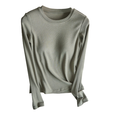 带胸垫圆领修身内搭外穿长袖上衣