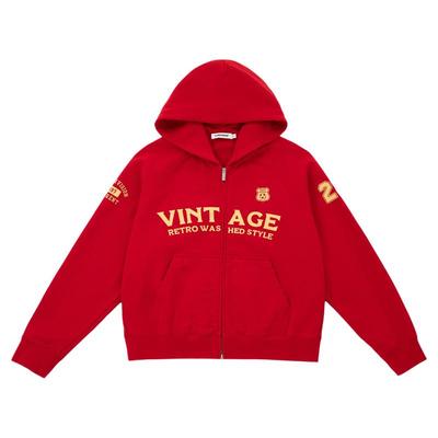 CLIMAX VISION做旧破坏复古印花红色连帽拉链卫衣插肩袖秋帽衫男