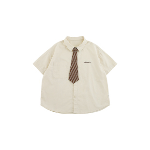 oddtails男童纯棉短袖衬衫夏装2025新款儿童领带衬衣洋气宝宝上衣