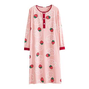 针织棉加长草莓睡裙长袖加肥大码200斤胖MM孕妇宽松连衣裙睡衣女
