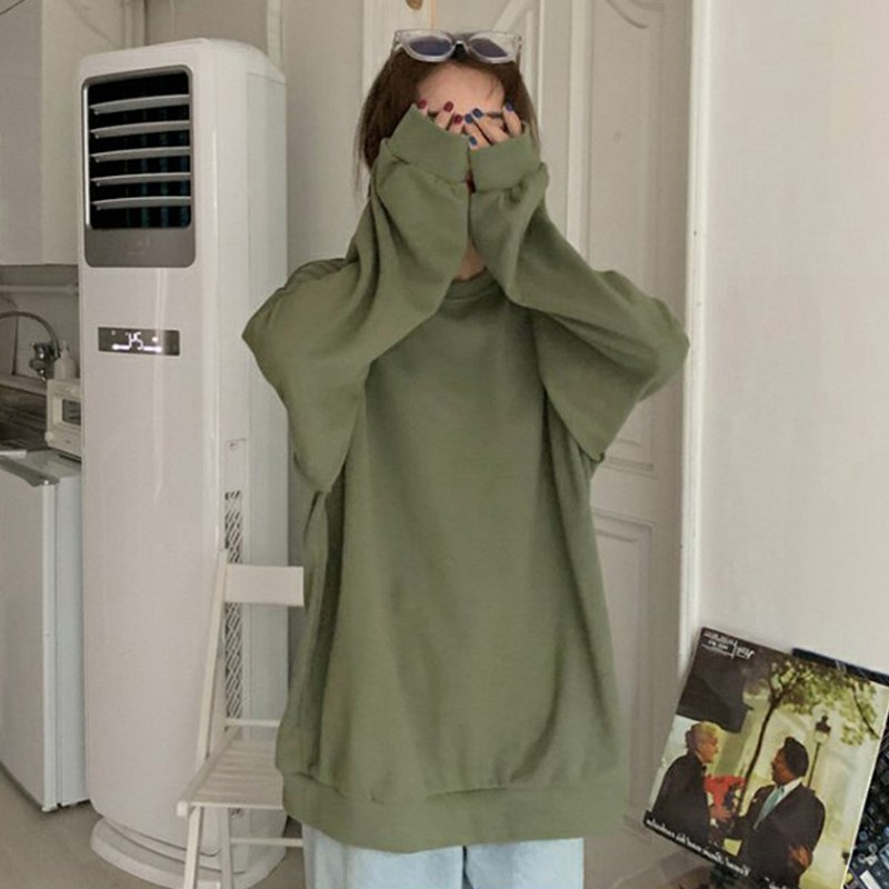 抹茶绿卫衣女春秋冬季2025年新款圆领无帽中长款ins超火加绒外套