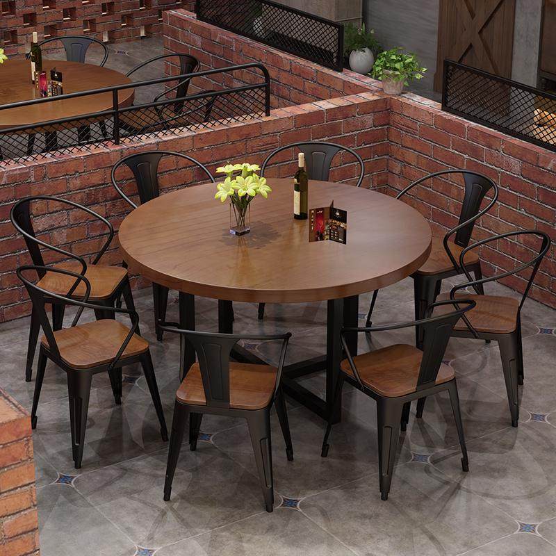 工业风餐厅实木圆餐桌餐饮店桌椅组合复古烧烤吧音乐休闲吧餐桌椅