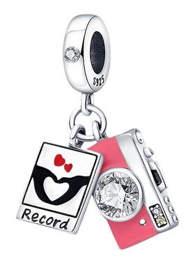 原创跨境铜镀银925吊坠配件粉色相机吊饰适合DIY手链项链珠宝制作