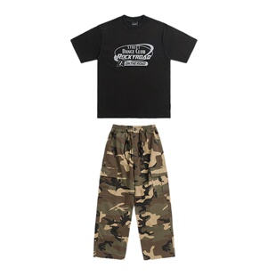 ROCKYROAD童装美式复古黑色简约LOGO印花T恤迷彩工装阔腿裤