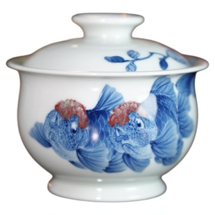 晓月庐 景德镇青花釉里红泰狮双鱼盖碗绣球花主人杯