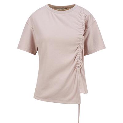 樱花T/MSLAN温柔浅春系 抽褶开叉简约收腰扭结甜美短袖T恤夏新款