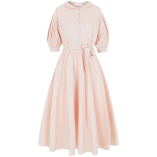 Ching's法式棉麻灯笼袖收腰显瘦1950年代大摆裙赫本伞裙A字连衣裙