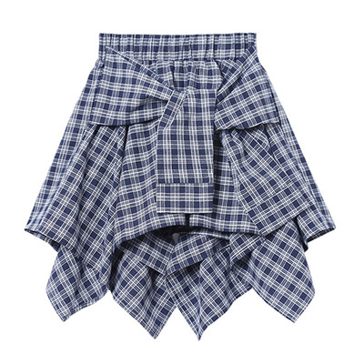 百搭松紧高腰不规则格子半身裙女