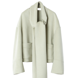 YUESPACE双面羊毛外套女士时尚气质宽松短款秋冬装毛呢上衣围巾领
