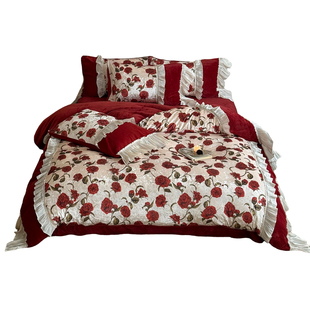 法式复古红玫瑰牛奶绒四件套双面绒加厚蕾丝花边被套床单公主床品