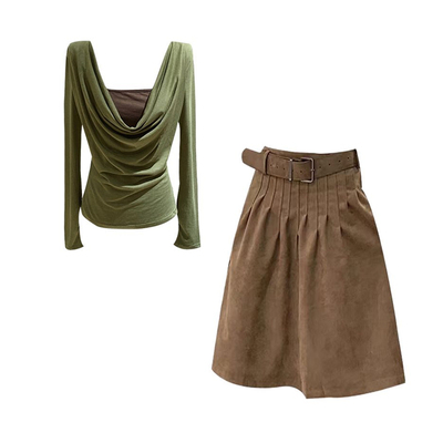 韩系美拉德慵懒感针织衫半裙套装