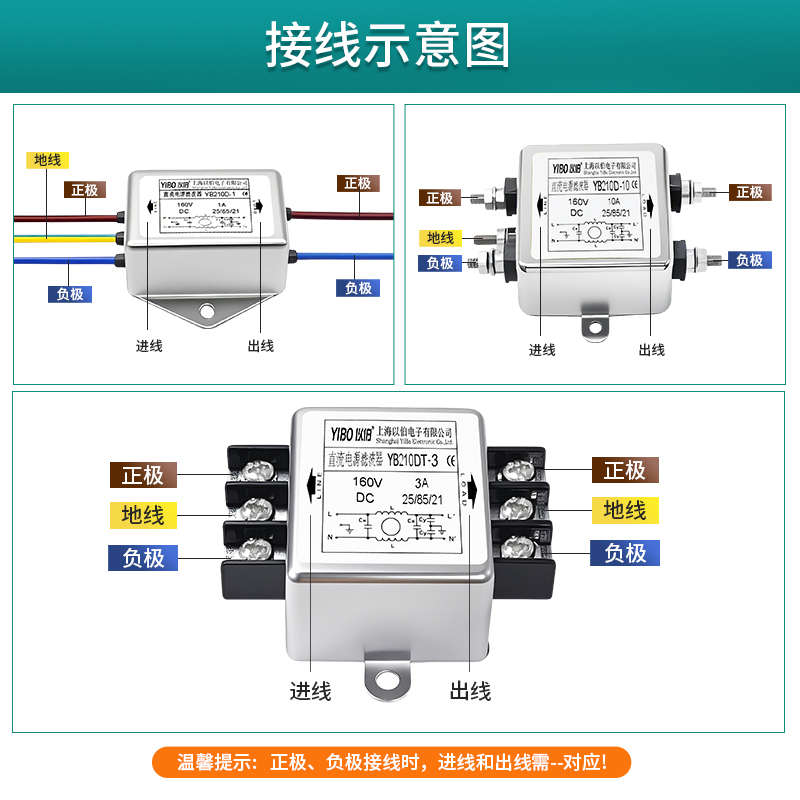 12V24V36V48V220VDC以伯EMI直流电源滤波器YB210D-1A3A5A6A10A20A