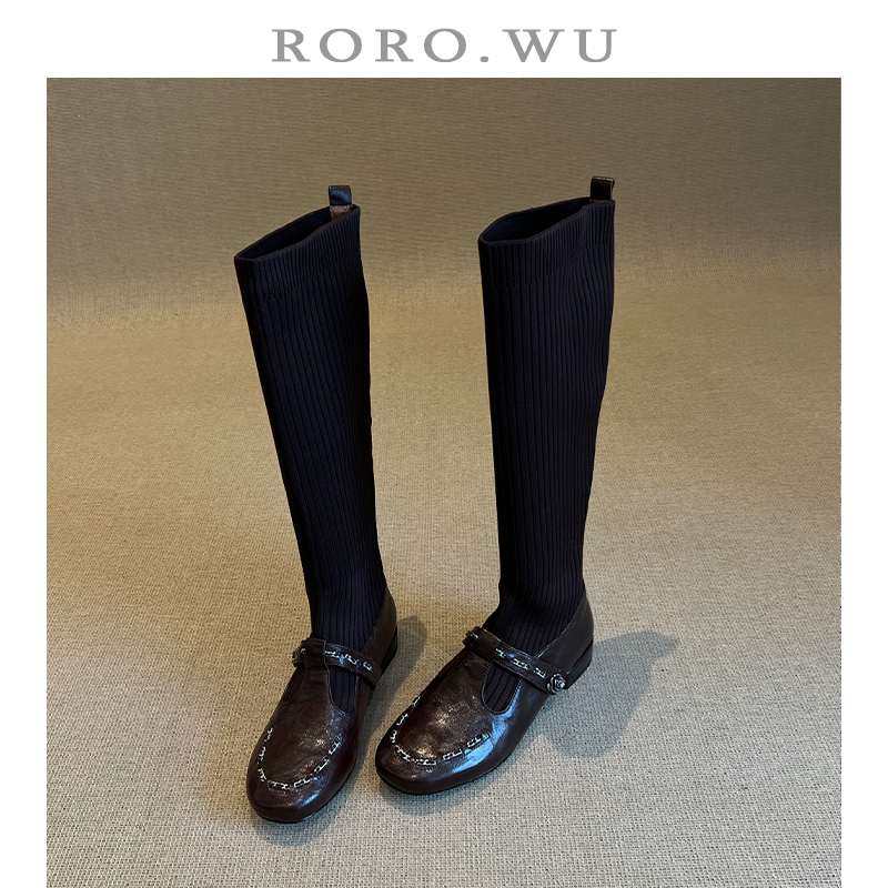 娆娆吴羊皮拼接针织瘦瘦长袜靴秋冬新款粗跟长筒弹力靴女Z35