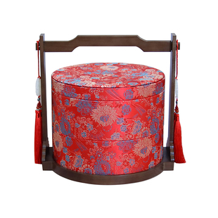 订婚彩礼钱盒子双层圆形提亲聘礼盒陪嫁锦布礼盒干果喜糖婚礼提篮