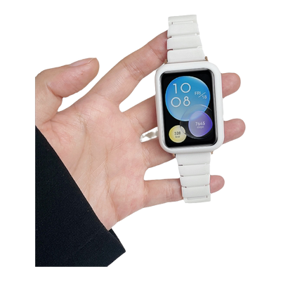 适用华为watchfit4pro陶瓷手表带fit3运动fit2智能手环fitnew流线三珠陶瓷表链女生夏天硅胶保护套透气白陶瓷