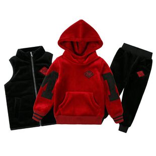 男童秋冬套装加绒加厚三件套中国风连帽卫衣中大童保暖金丝绒新款