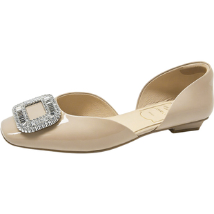 康莉真皮低跟单鞋女春夏款百搭水钻方扣不累脚绝美凉单鞋气质女鞋