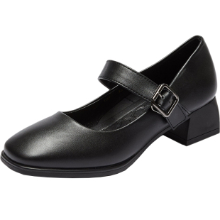 方头软底黑色工作鞋女粗跟浅口4cm 一字扣高跟鞋中跟单鞋职业女鞋