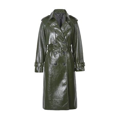sdeer收腰双排扣PU皮长款大衣