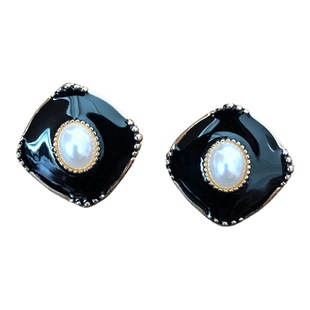 风吹半夏同款耳环黑色白色拼接撞色银针耳钉白色珍珠耳钉耳夹