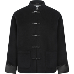 LEZORA山羊绒拼缎面三醋酸 金属竹节扣立领新中式羊绒大衣男