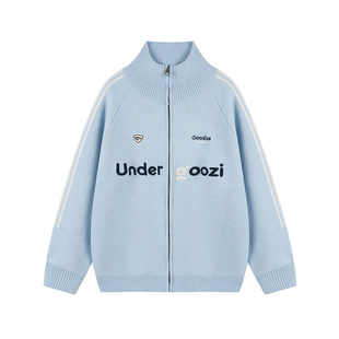 GOOZI MADE 美式刺绣立领开衫毛衣男冬季拼接三条杠针织衫外套