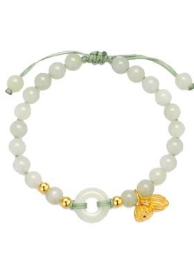 千年珠宝足金999手链女两世欢莲蓬手绳平安扣和田玉新款送礼