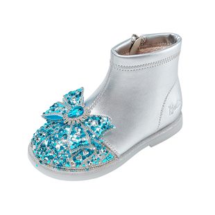 芭比童鞋女童短靴2025新款秋冬加绒小童水晶鞋艾莎公主靴儿童靴子