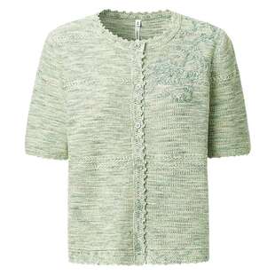 VGRASS维格娜丝夏季优雅休闲棉麻混色纱刺绣针织开衫短袖钩花上衣