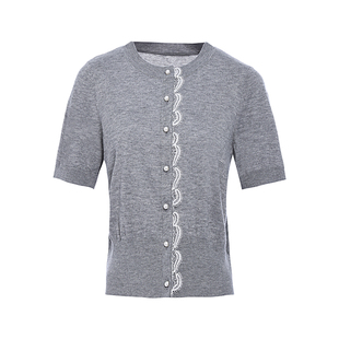 JESSIE优雅拼接蕾丝边针织开衫女款修身显瘦圆领短袖上衣夏季新款