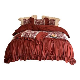 法式复古红色100S高支长绒棉四件套花卉被套柔软全棉床单床上用品