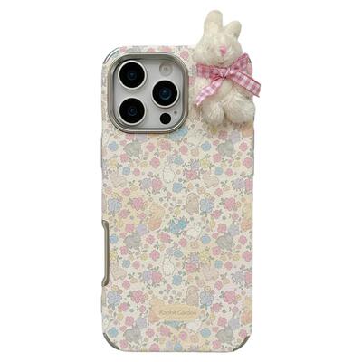 jze 秋冬可爱清新碎花毛绒小兔适用苹果17ProMax手机壳iphone15新款16pro女款13带挂绳15pro皮纹14防摔保护套
