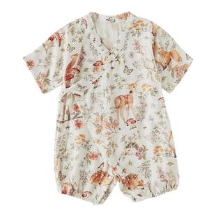Oak Family新生婴儿纱布爬服和式春秋季薄款连体衣宝宝系带哈衣