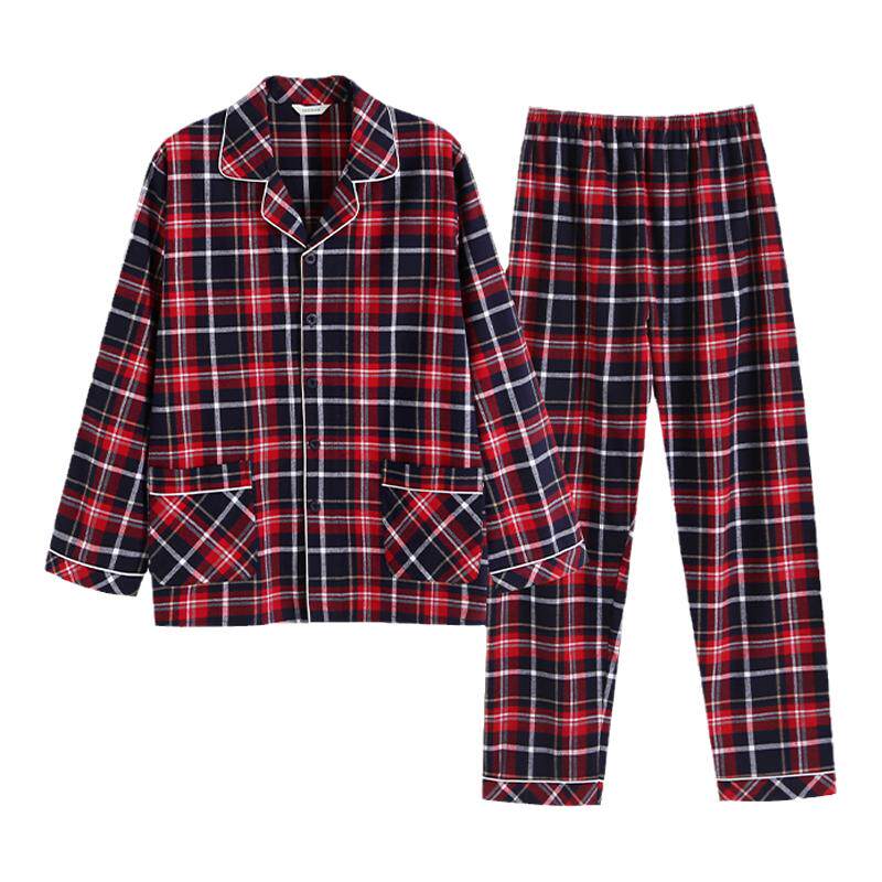 纯棉男色织格家居服套装罗丝美