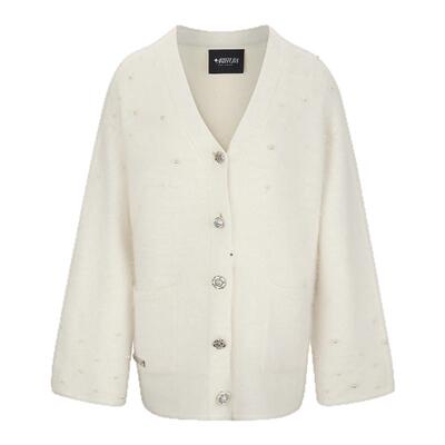 ARTE PURA2025秋冬新款白色V领珍珠毛织毛衣开衫珍珠装饰开衫外套