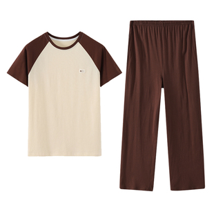 100%新疆棉睡衣男夏季短袖长裤套装可外穿宽松大码家居服青少年男