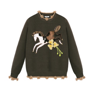 花马 复古贴绒小马立体花朵长袖手工感毛衣 山谷少年设计师男装