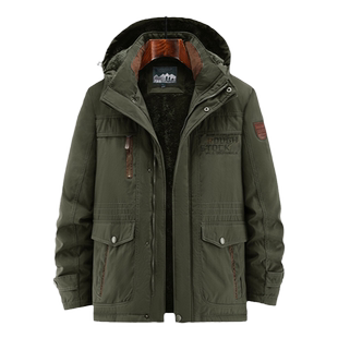 冬季加绒棉衣男中年宽松大码中长款加厚保暖防寒户外棉服爸爸外套