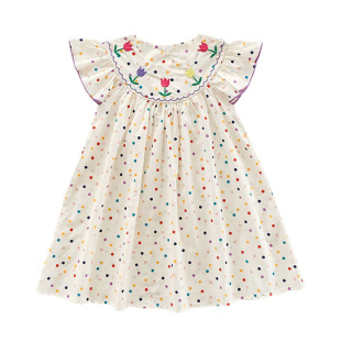 女童复古田园风小飞袖连衣裙宝宝白色夏装儿童圆点公主裙短袖裙子