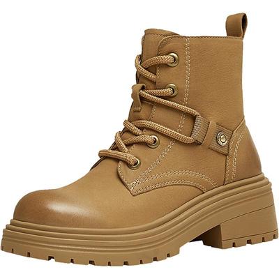 天美意复古英伦厚底加绒马丁靴短靴女鞋子大黄靴皮靴冬季新款