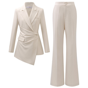 设计感职业西装套装女秋冬季新款米色气质微喇裤西服播音主持正装