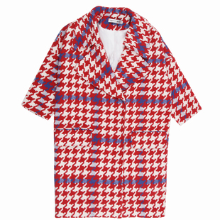 韩版复古红色千鸟格中长款外套女冬季新品宽松廓形显瘦编织呢大衣