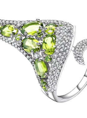 意大利工艺设计师款开口戒指个性夸张奢华925银天然橄榄石戒指